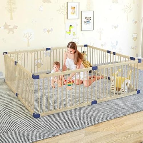 Baby Playpen, Wooden Baby Playpen with Safety gate, 78.7"x70.9" Extra Large Playpen for Babies and Toddlers, Baby Play Yards, Playpen for Twins, Children, 100% Natural Wood (78.7L'' x 70.9''W)