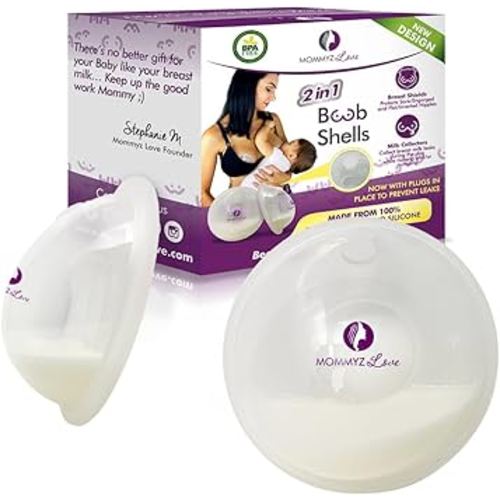 Mommyz Love Breast Shells & Milk Catcher for Breastfeeding New Model with Plugs - Breast Milk Catcher to Relieve Cracked Sore & Engorged Nipples - Breast Shells Milk Collector for Leaking Milk 2 Pack