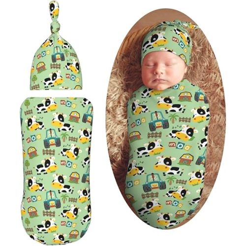 Funny Cow in Farm Yard Newborn Swaddle Blankets Hat Sets Soft Baby Receiving Blanket Swaddle Sack for Baby Shower Infant Boy Girl Gift