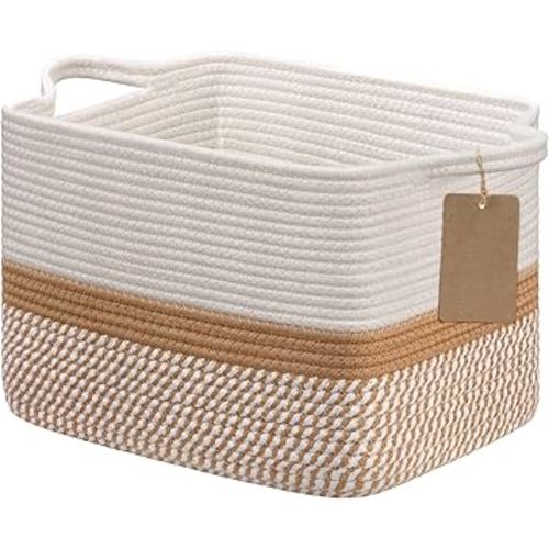 Goodpick Woven Storage Baskets for Organizing, Rectangle Cotton Rope Basket for Dog Toys Books Magazines, Stylish Gift Basket for Living Room Home Decor, 13" x 10" x 9", White & Camel Mix