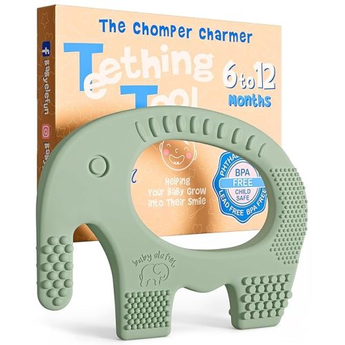 Teethers for Babies 6-12 Months - Baby Elefun 5x Pain Relief Toddler Teether. No More Ouch for Mom Anti Bite Trainer. Nurtures Grasping, Passing, Hand Eye Coordination. Silicone Baby Teething Toy Ring - 6-12 Мonths - 6-12 Olive