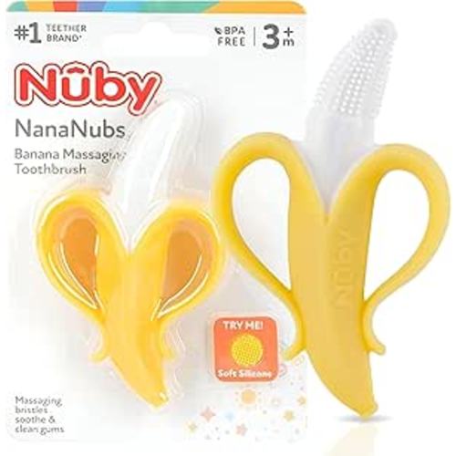 Nuby Nananubs Banana Massaging Teether – Baby Teething Toys 3 Months and Up, Silicone Teether for Sore Gums, Infant Toy, Baby Essentials, Brush, Travel Accessory, Gift for Babies