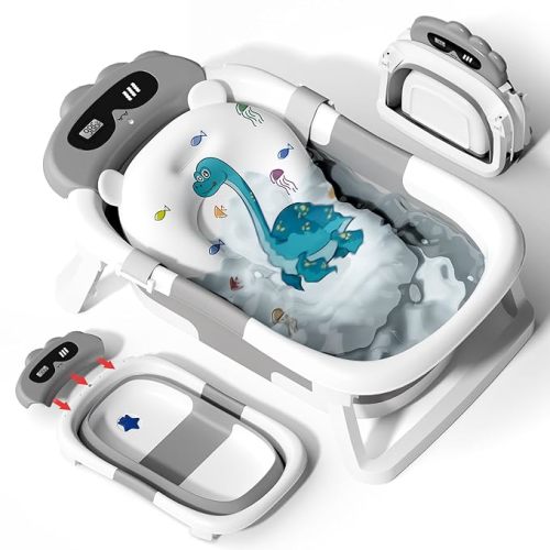 AVIDOR Baby Bathtub,Collapsible Bathtub for Newborn to Toddler,Durable Essential Infant Bath Tub,Portable Travel Baby Tub with Soft Bath Net,No-Slip Feet and Dinosaur Shaped (Grey)