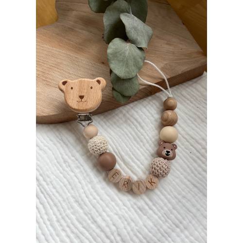 Pacifier Chain Bear with Name Wood Natural Girl Boy Personalized