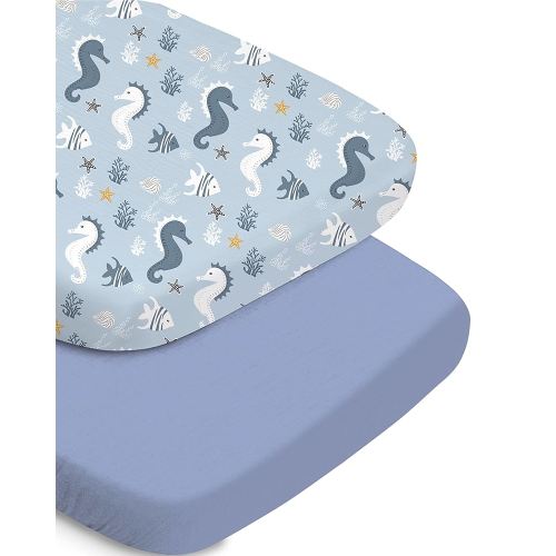 Bassinet Fitted Sheet for Baby, Buttery Soft and Stretchy, Compatible with Maxi COSI, Halo, and More, Seahorse+Blue, Cozy and Soft for Baby Boys and Girls