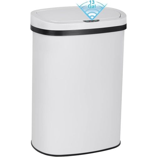 13 Gallon Touch Free Automatic Stainless Steel Trash Can Garbage Can Metal Trash Bin with Lid for Kitchen Living Room Office Bathroom, Electronic Motion Sensor Automatic Trash Can - White
