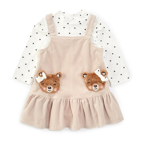 Rare Editions Baby Girls 12-24 Months Bear-Face-Applique Corduroy Jumper Dress & Long Sleeve Heart-Printed Bodysuit