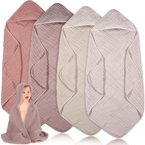 Peryiter 4 Pcs Muslin Hooded Baby Towels,32"x 32" Cotton Newborn Bath Towel Muslin Infant Baby Blankets Absorbent Unisex Newborn Registry Gift for Girls Boys (Beige Series)