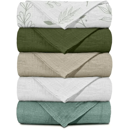 Muslin Receiving Blankets, Neutral Blanket Swaddling for Newborn Boys and Girls, 5 Pack Breathable and Skin-Friendly Swaddle Wrap for Infant Baby (Bright Leaves)