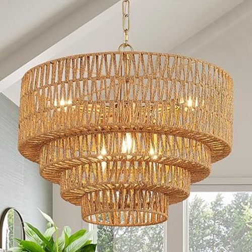 19.7" Hand-Woven Rattan Chandelier Vintage 6-Light Farmhouse Boho Bamboo Chandelier Light Fixture Retro Drum Wicker Rattan Golden Chandelier for Dining Room, Kitchen, E12