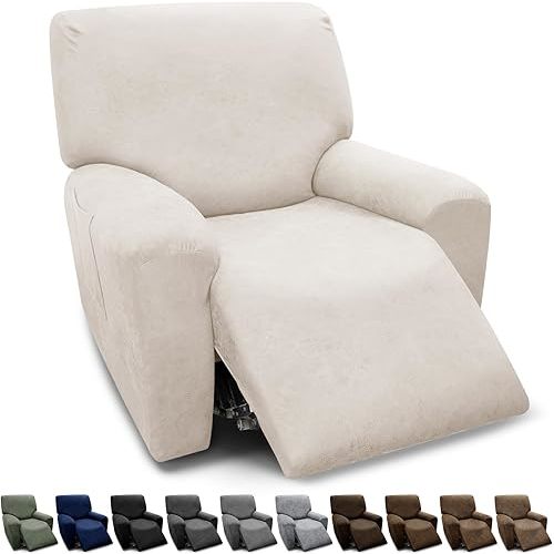 Chair Covers 4-Pieces Recliner Chair Covers 1 Seater Cover for Recliner Chair Leather Look Recliner Slipcovers with Pockets Spandex Fabric Furniture Covers(Recliner, Beige)