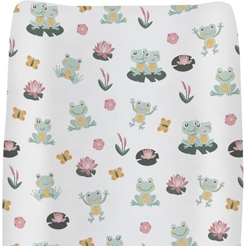 Cute Frogs Family Baby Changing Pad Covers for Boys Girls Green Frogs Butterflies Lilies Pond Fitted Changing Table Mats Wildlife Nature Soft Diaper Change Table Sheets for 32''×16'' Contoured Pad