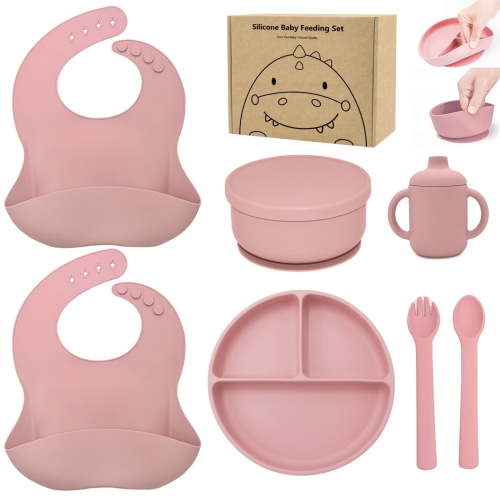 Benoxine Silicone Baby Feeding Set,Baby Led Weaning Set, 7Pcs-BPA Free,100% Food-Grade Silicone,Pink, 6M+