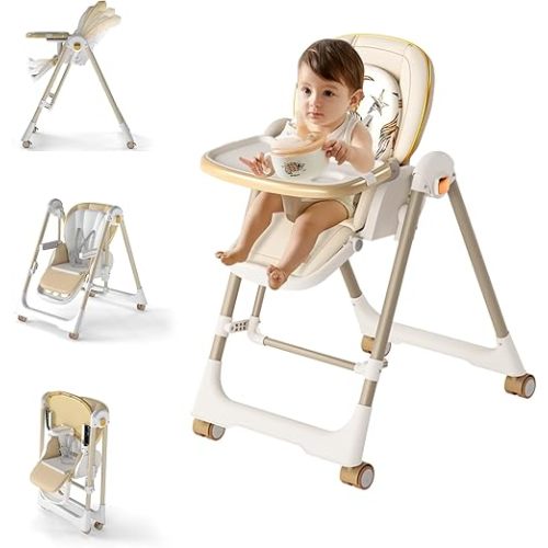 High Chairs for Babies and Toddlers, Foldable High Chair with Lockable Wheels, 4-in-1 Convertible, Adjustable Reclining Seat with Leg Rest & 5-Point Harness, Soft Cushion, Portable When Folded, Beige