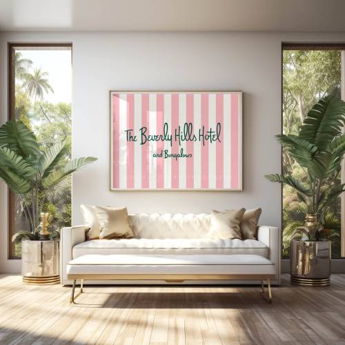 The Beverly Hills Hotel and Bungalows POSTER, Pink and White Stripes, Gift For Her, California, Beverly Hills Gift, Nursery Wall Decor