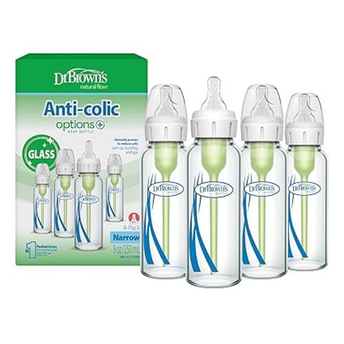 Dr. Brown's Anti-Colic Options+ Narrow Glass Baby Bottle with Level 1 Slow Flow Nipple, BPA-Free, 8 oz/250 mL, 0m+, 4-Pack (Packaging May Vary)