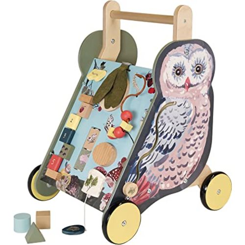 Manhattan Toy Wildwoods Owl Wooden Push Cart with Shape Sorter and Basket, Serrated Oval, Spinners, Bead Run and More Medium