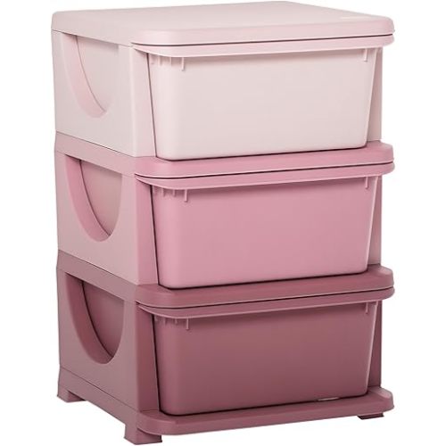 Qaba 3 Tier Kids Storage Unit, 3 Drawer Chest Toy Organizer Plastic Bins for Kids Bedroom Nursery Kindergarten Living Room for Boys Girls Toddlers, Pink
