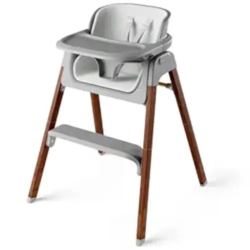 Fodoss Baby High Chair, Foldable Convertible, 5-Point Harness, Easy Clean Wood-Printed Metal Frame with Removable Tray, for Family (Gray & Walnut Wood-Printed Metal)