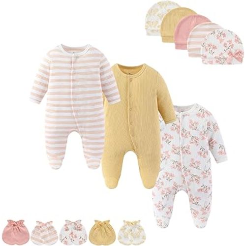 Baby Boy Girls Clothes 2-Way Zip Footed Long Sleeve 100% Cotton,Newborn Caps and Scratch Mittens Set, 0-3 Months