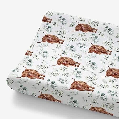 HawSkgFub Highland Cow Eucalyptus Leaf Changing Pad Cover for Baby Girl Boy, Natural Western Farm Animal Diaper Change Table Covers, Soft Stretchy Safe Snug Fitted Changing Mat Sheet Fit 32"/34" x 16"
