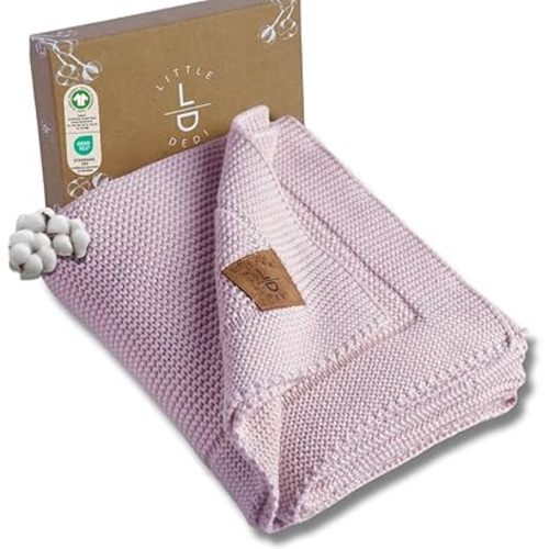 100% Organic Cotton GOTS Certified Baby Knitted Blanket with Gift Box - Soft Toddler, Crib, Stroller Blanket - Neutral Swaddle and Receiving Blanket for Newborns, 30"x40", Lavender Frost