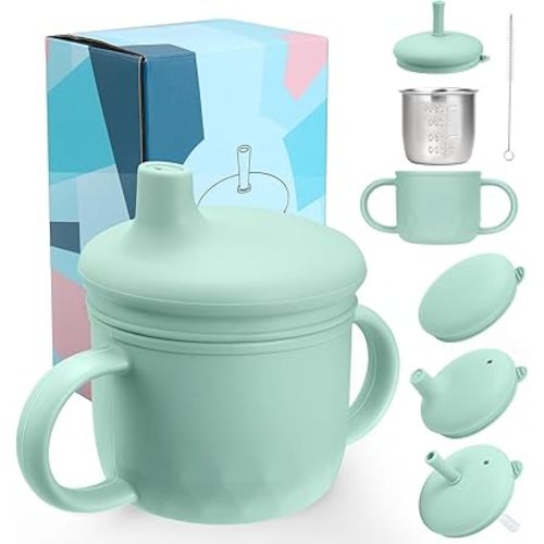 Mity rain 3-In-1 Stainless Steel Sippy Cup for 6+ Month Old, Baby Straw Cups for Toddlers 1-3 with Travel Lid, Silicone Straw, Replacement Straw & Cleaning Brush - 8oz Toddler Cups Spill Proof Set