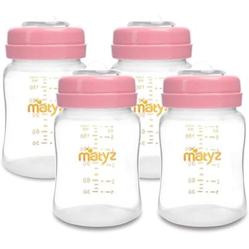 Matyz 4-Pack Breast Milk Collection and Storage Bottles (Pink, 6oz Each) - No BPA Breastmilk Storage Bottles with Lids - Pumping Storage Bottles for Philips Avent Medela Spectra Breast Pumps