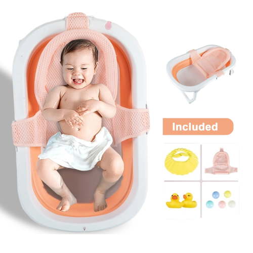 ManyFun 31'' Foldable Baby Bathtub Travel Bathtub Newborn Tub with Support Baby Bath Seat Shower Mat to Recline or Sit up for 0-6Y Infants and Toddlers,Pink
