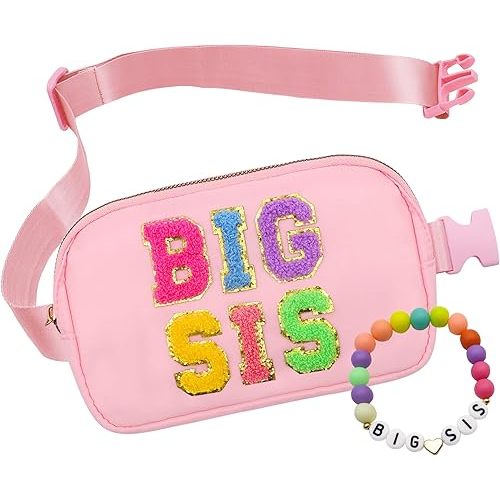 Big Sister Gifts For Girls, Big Sister Fanny Pack With Bracelet, Belt Bag For Girls Teens Kids, Personalized Christmas Birthday Gifts For Daughter Crossbody Bag Purse (BIG SIS-1, Pink)