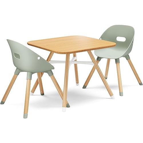 Lalo The Play Kit, Kids Table and Chairs Set with Sustainably Sourced Wood Kids Table & Set of 2 Non-Toxic Bucket Seat Kids Chairs - Safe and Comfortable - Natural/Sage
