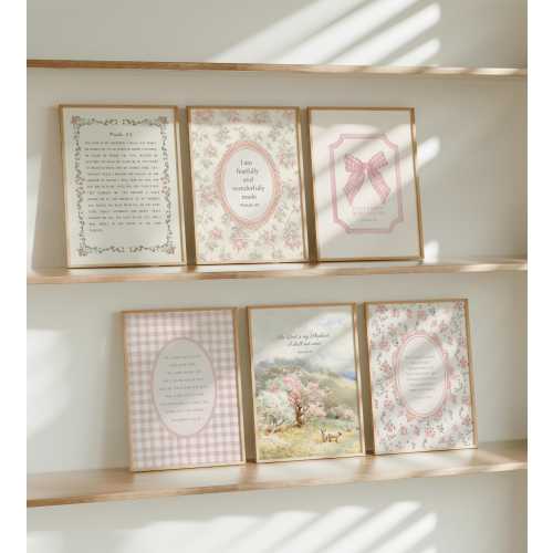 Pink Christian Nursery Decor Cute Girls Room Posters, Set of 6 Vintage Scripture prints Cottagecore Bible Verse Bundle Digital Download