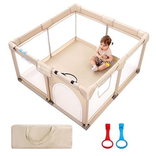 Baby Playpen, 50x50 in Small Play Pen for Babies and Toddlers, Playpen for Kids with Gate, Indoors Play Yard with Soft Breathable Mesh (Beige)