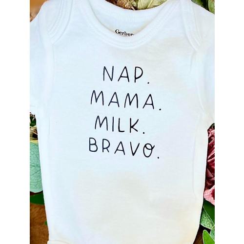 Nap Mama Milk Bravo, Bravo Baby Onesie, Funny Baby Clothes, New Baby Gift, Expecting Mom Gift, Bravo Gift, Bravo TV, Bravo Baby Clothes