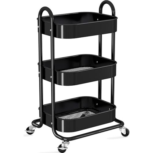 3 Tier Rolling Cart Metal, Three Tier Utility Storage Cart with Handle and Lockable Wheels, Multifunctional Organizer Trolley with Mesh Baskets for Book, Art, Craft, Snack, Cleaning, Sturdy