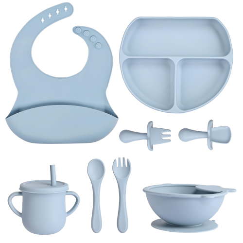 8 Pack Silicone Baby Feeding Set, BPA Free Baby Weaning Supplies ,Includes Baby Divided Suction Plate, Suction Bowls, Adjustable Bib, Cup with Straw, 2 Spoons, 2 Forks-Blue