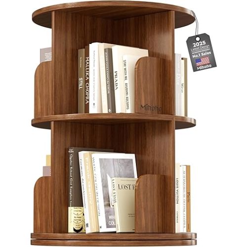 Rotating Bookshelf, 2 Tier Table Floor Standing Revolving Bookcase, Spinning Book Organizer Corner Bookshelf for Study Office Bedroom Living Room (Two Floors)
