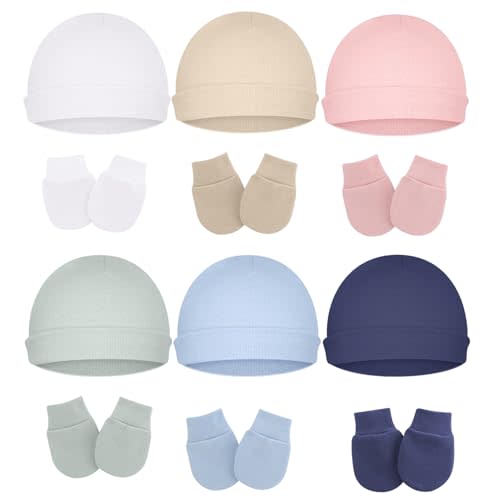 ZURLEFY Cotton Baby Hats and Mittens Set Unisex, Toddler No Scratch Mittens and Beanie Cap Infant Newborn Hospital Hat