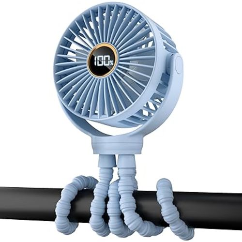 Portable Stroller Fan, Small Battery Powered Fan w/ 360° Rotation, 3-Speed, Rechargebale Mini Personal Fan w/Display, Stroller Accessories Gift for Car Seat, Crib, Bike, Treadmill, Light Blue