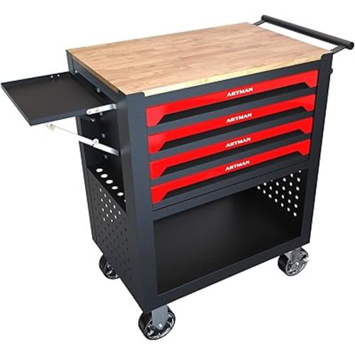 pouseayar 4 Drawers Tool Cart, Multi-Purpose Tool Box with Wheels and Wooden Top, Locked Drawers Storage Organizer Cabinet for Garage, Warehouse, Repair Shop, Workshop - Red
