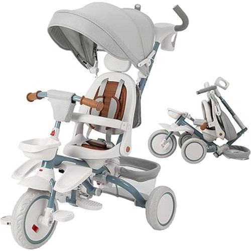Baby Tricycle, 7 in 1 Folding Toddler Bike w/Removable Adjustable Push Handle, Canopy, Rotatable Seat, Safety Harness, Cup Holder & Storage, Trike for 1-5 Year Old (White)