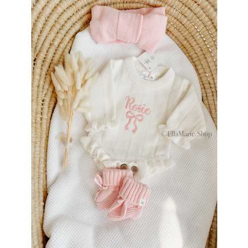 Newborn girl coming home outfit, knit baby announcement set, ruffle romper bow embroidered name, personalized gender reveal baby shower gift