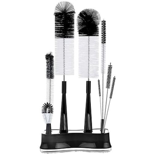 ALINK 8 Pack Black Bottle Brush Cleaning Set with Stand, Long Handle Bottle Cleaner with Holder for Narrow Neck Beer Wine Brewing Bottles, Stanley Water Bottles, Baby Bottles, Tumblers, Carafe, Straws