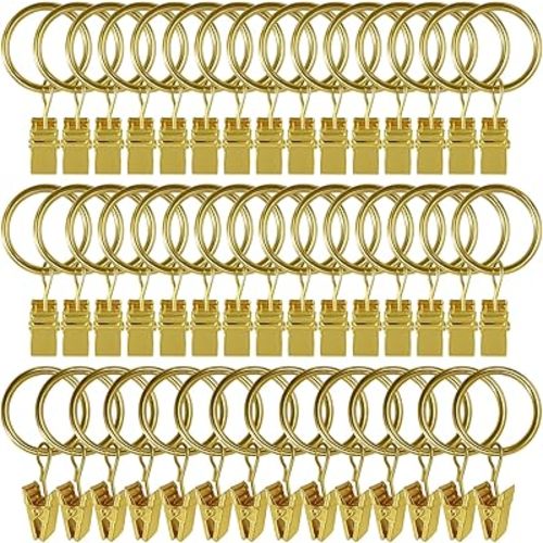 44 Pack Curtain Rings with Clips, Curtain Clip Rings Hooks, Bow Hanger Clips for Hanging Drapery Drapes Bows, Ring 1 inch Interior Diameter, Fits up to 5/8" Rod, Gold