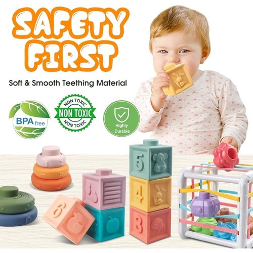 4 in 1 Baby Toys 6-12 Months, Montessori Toys for Babies,Soft Stacking Building Blocks Soft Infant Teething Toys Sensory Balls Educational Learning Toys for Toddlers Boys Girls (E- 4 in 1)