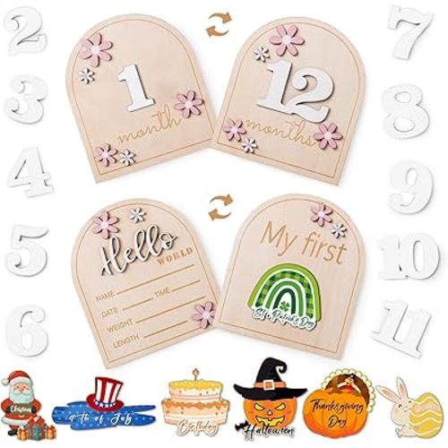 Baby Monthly Milestone Sign for Hospital: My First Holiday Wooden Daisy 3D Announcement Signs with Hello World - Newborn Birth Photography Props Gifts for Nursery Welcome Baby Shower