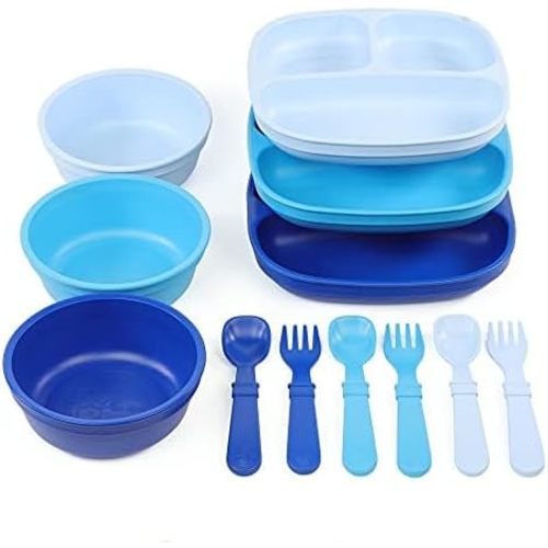 Re-play 3 Divided Toddler Plates, 3 Utensils Set and 3 Wide Base Bowls - Dishwasher and Microwave Safe - Made in USA - Bluesy