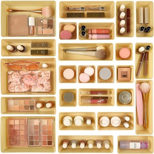 Vtopmart 25 PCS Clear Plastic Drawer Organizers Set, 4-Size Versatile Bathroom and Vanity Drawer Organizer Trays, Storage Bins for Makeup, Bedroom, Kitchen Gadgets Utensils and Office | 4-Size Versatile Makeup Organizer, Storage Containers Small Bins