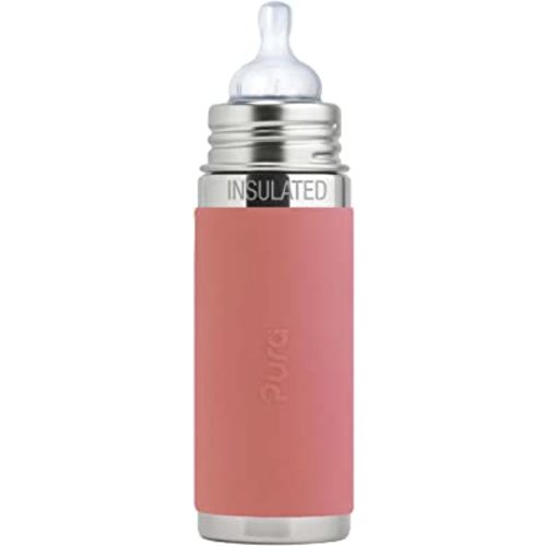 Pura Kiki 9oz/260ml Stainless Steel Insulated Anti-Colic Infant Bottle w/Silicone Medium-Flow Nipple & Sleeve, 100% Plastic-Free, MadeSafe Certified, for Kids, Toddlers, Babies & Infant - Rose