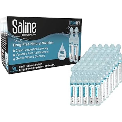 50ct Saline Solution Ampoule (5ml) 0.9% NaCl | Moisturize Sinuses | Refill Nebulizer | Safe for Newborns to Adults | Normal (Isotonic) Saline | Drug Free | Preservative Free | (0.16 fl oz)